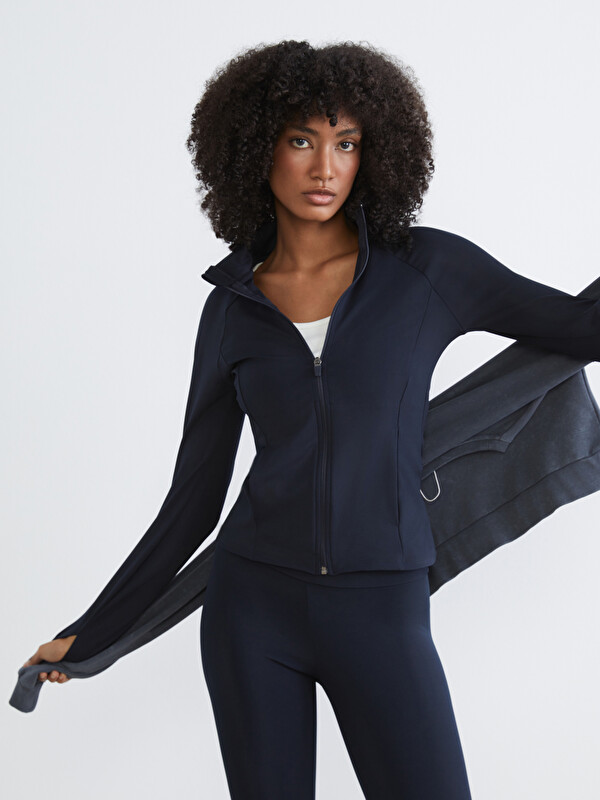 KOOR SPORT Dik Yaka Parmak Geçmeli Kadın Fermuarlı Sweatshirt