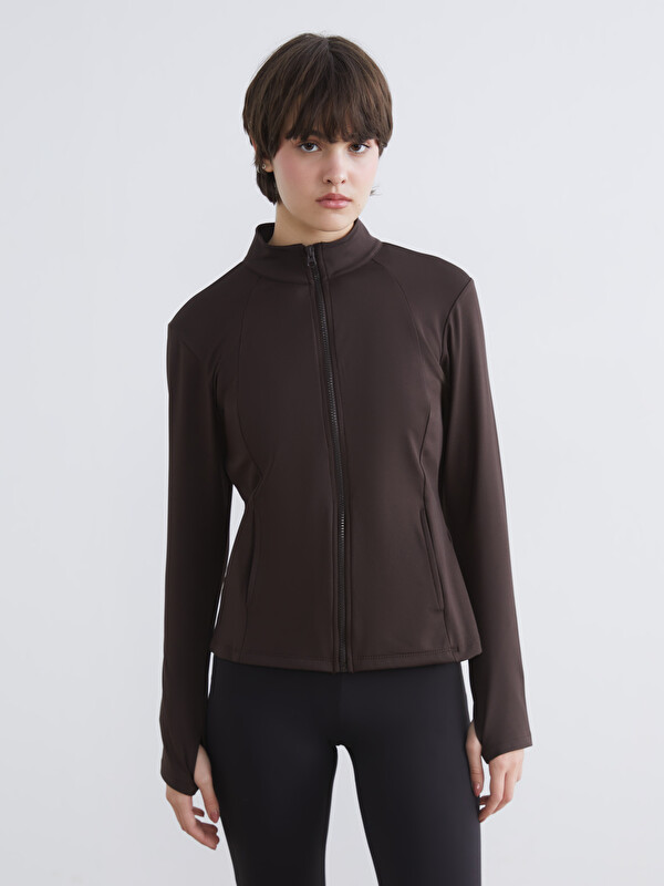 KOOR SPORT Dik Yaka Parmak Geçmeli Kadın Fermuarlı Sweatshirt