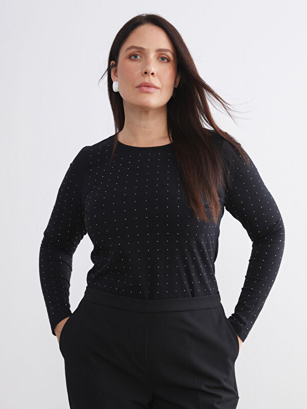 LCW EVERYDAY Rundhalsausschnitt mit Strasssteinchen verziertes T-Shirt für Damen