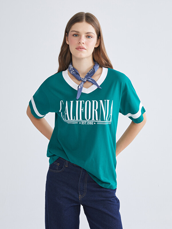 XSIDE T-shirt Surdimensionné Imprimé California à Encolure en V pour Femmes