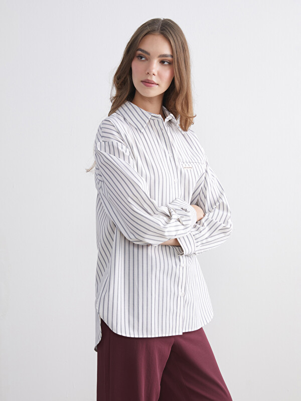 LCW Modest Çizgili Oversize Kadın Gömlek Tunik