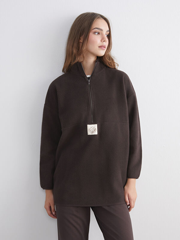 LCW Modest Dik Yaka Nakışlı Polar Kadın Sweatshirt Tunik