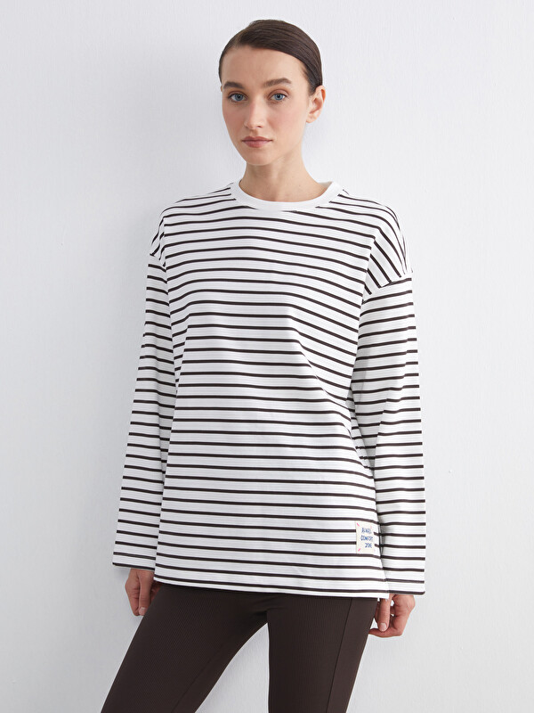 LCW Comfort Bisiklet Yaka Çizgili Kadın Sweatshirt