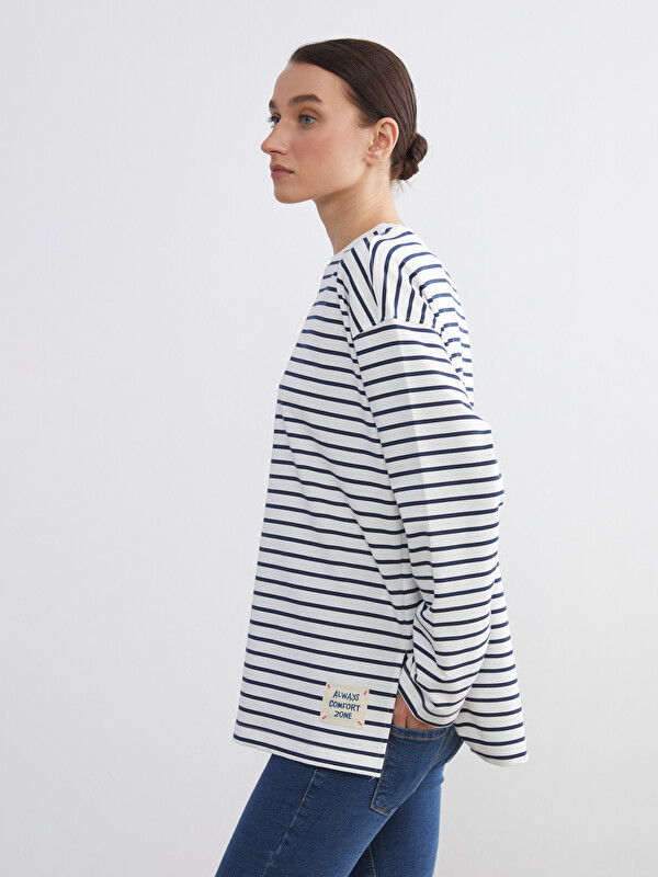 LCW Comfort Bisiklet Yaka Çizgili Kadın Sweatshirt