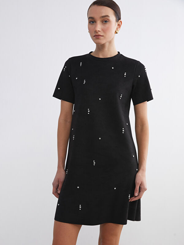 LCW Comfort Bisiklet Yaka Taşlı Mini Elbise