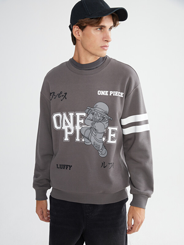 XSIDE Gri Bisiklet Yaka One Piece Baskılı Erkek Sweatshirt