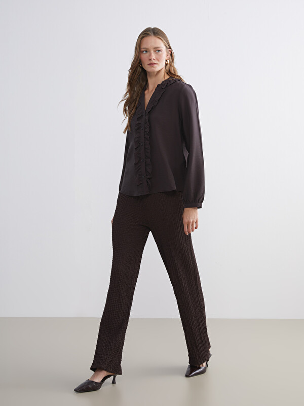 LCW Comfort Beli Lastikli Dokulu Geniş Paça Kadın Pantolon