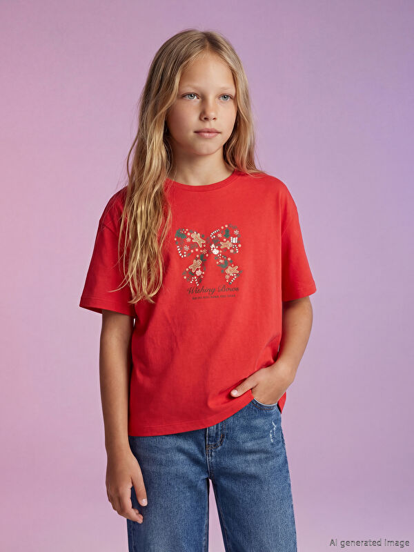 LCW Kids Bisiklet Yaka Baskılı Kız Çocuk Tişört