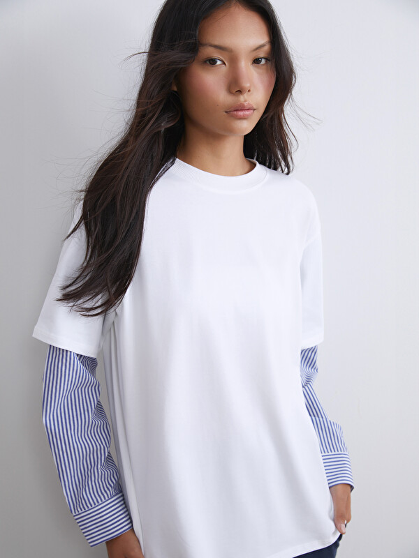 LCW Modest Bisiklet Yaka Çizgili Kadın Sweatshirt Tunik