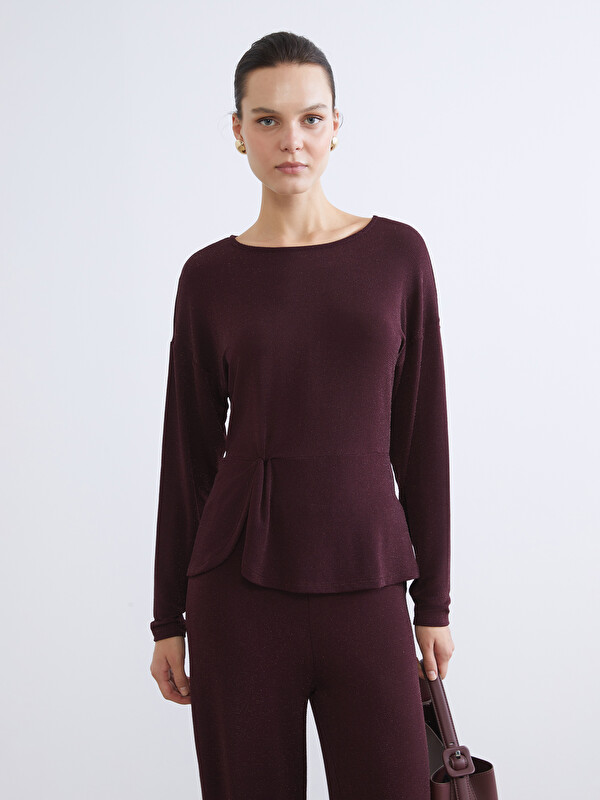 LCW EVERYDAY Crew Neck Ruched Sequined Blouse