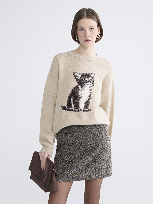 LCWAIKIKI Classic Rundhalsausschnitt Bedruckter Pullover für Damen aus Strick
