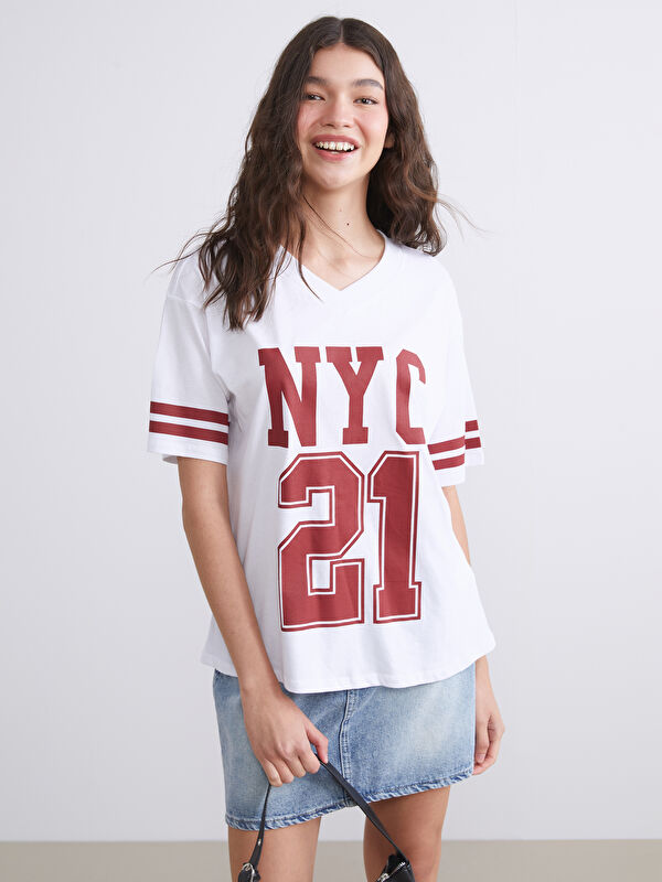XSIDE V-Ausschnitt New York Bedruckt Oversize T-Shirt für Damen