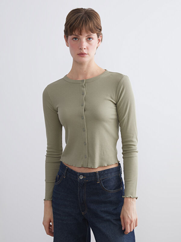 LCW EVERYDAY Rundhalsausschnitt Gerippter Crop Cardigan für Damen