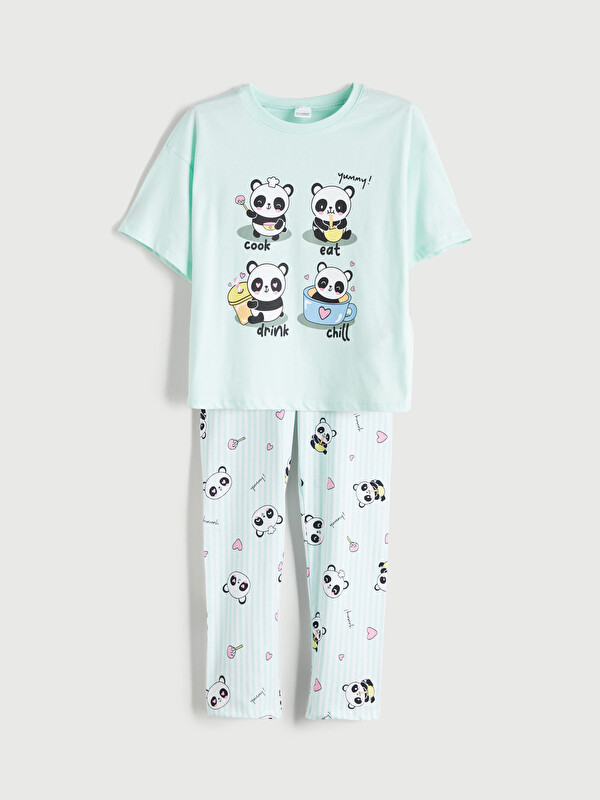 LCW Kids Bisiklet Yaka Baskılı Kız Çocuk Pijama Takımı