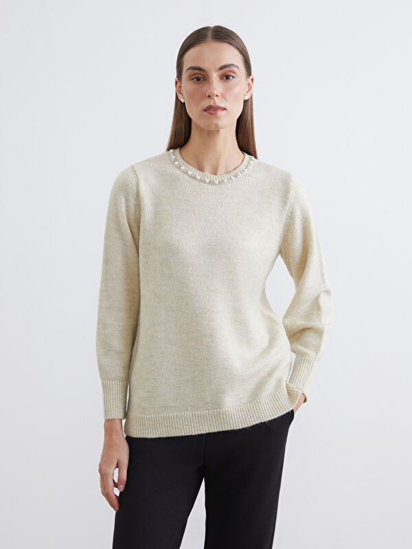 LCW Grace Crew Neck Rhinestone Embellished Women's Knit Sweater