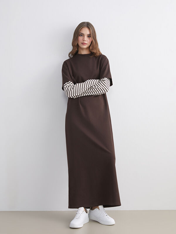 LCW Modest Dik Yaka Çizgili Sweat Elbise
