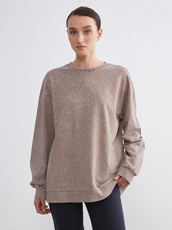 LCW Comfort Bisiklet Yaka Taşlı Kadın Sweatshirt