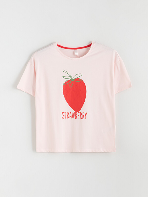 LCW DREAM Bisiklet Yaka Çilek Baskılı Kadın Pijama Üstü