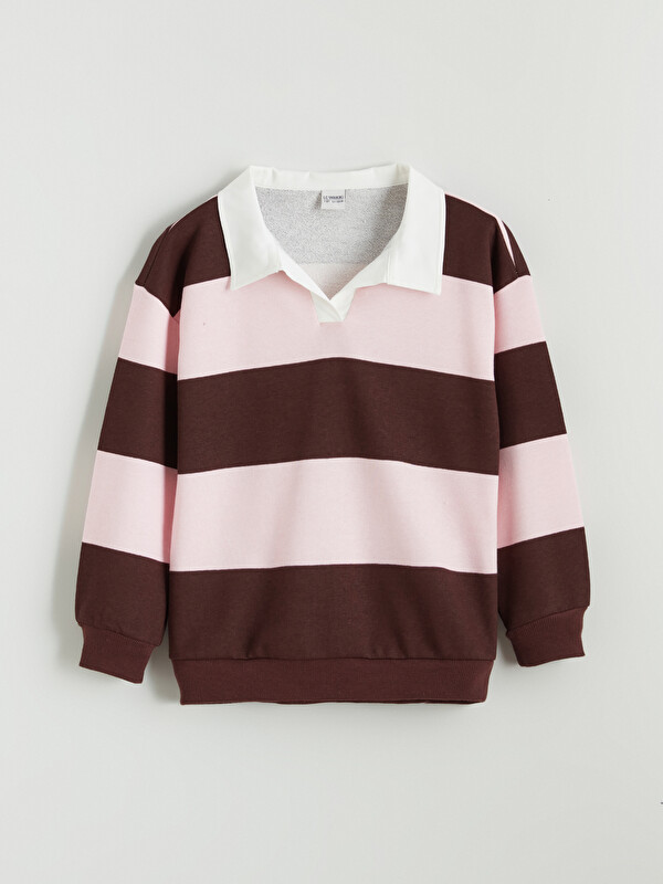 LCW Kids Polo Yaka Çizgili Kız Çocuk Sweatshirt