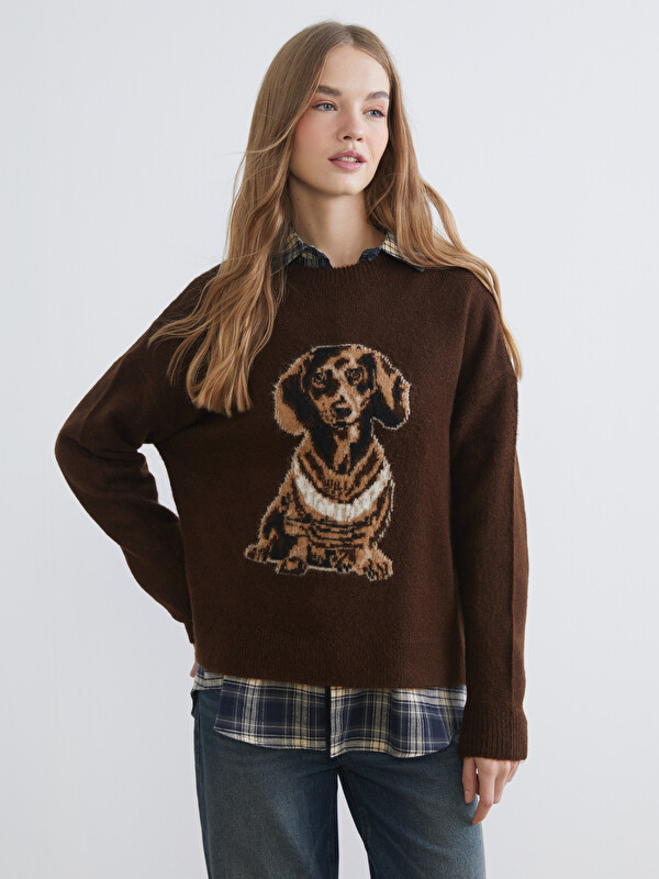 XSIDE Dog Patterned Oversize Women's Knitwear Sweater - W5L694Z8
