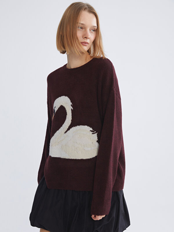 XSIDE Crew Neck Swan Pattern Women's Knit Sweater