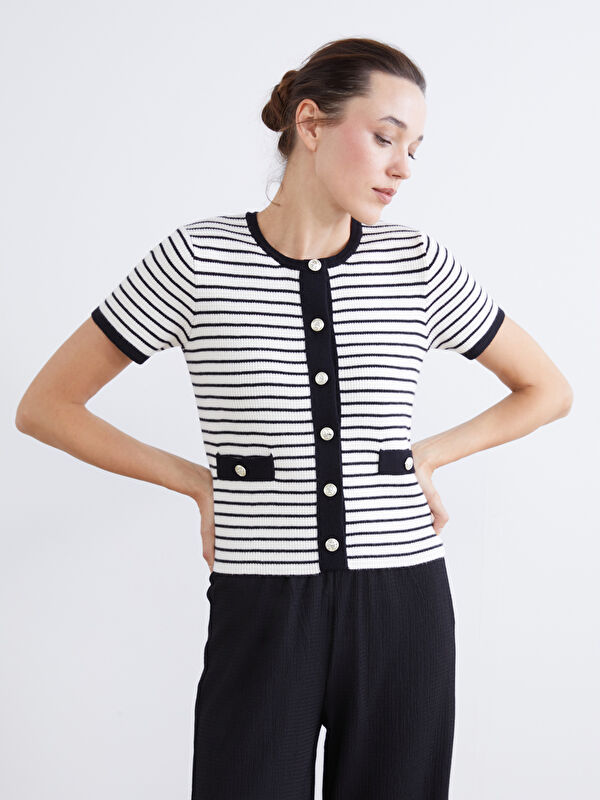 LCW Comfort Crew Neck Striped Women's Knitwear Cardigan