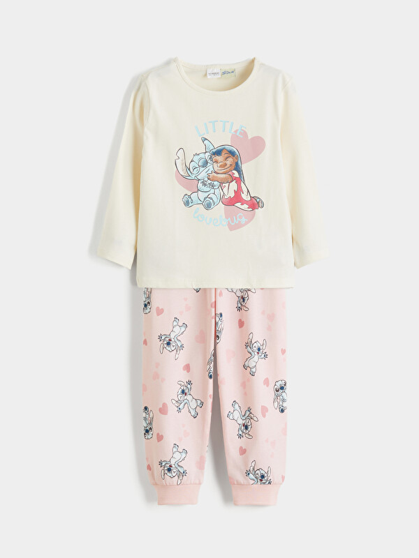 LCW Kids Bisiklet Yaka Stitch Baskılı Kız Çocuk Pijama Takımı