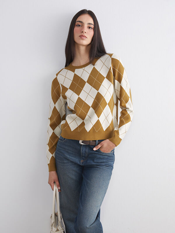 LCW Vision Crew Neck Argyle Pattern Women's Knitwear Sweater