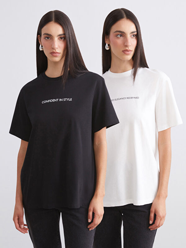 Soulife Bisiklet Yaka Baskılı Oversize Kadın Tişört 2'li