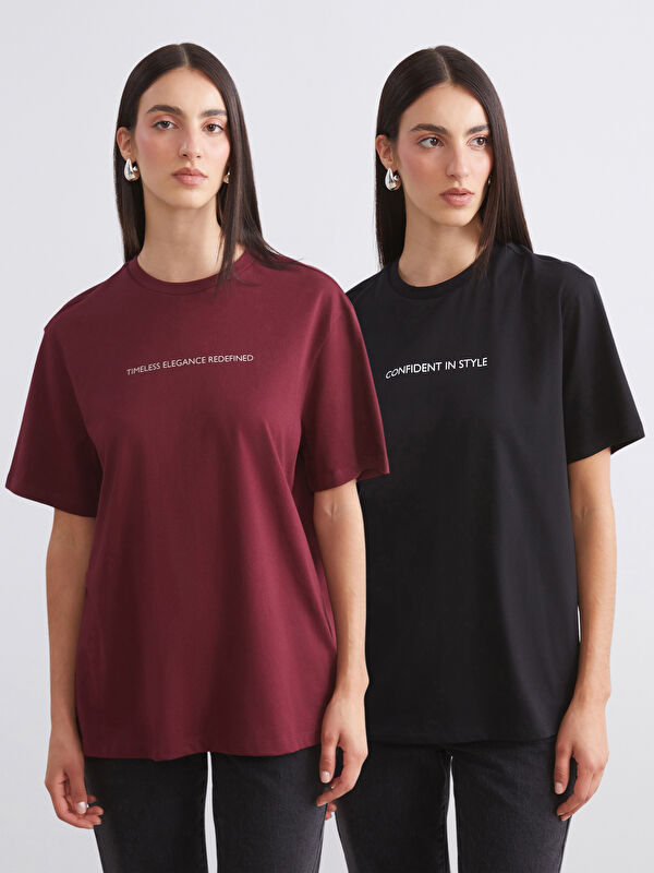 Soulife Bisiklet Yaka Baskılı Oversize Kadın Tişört 2'li