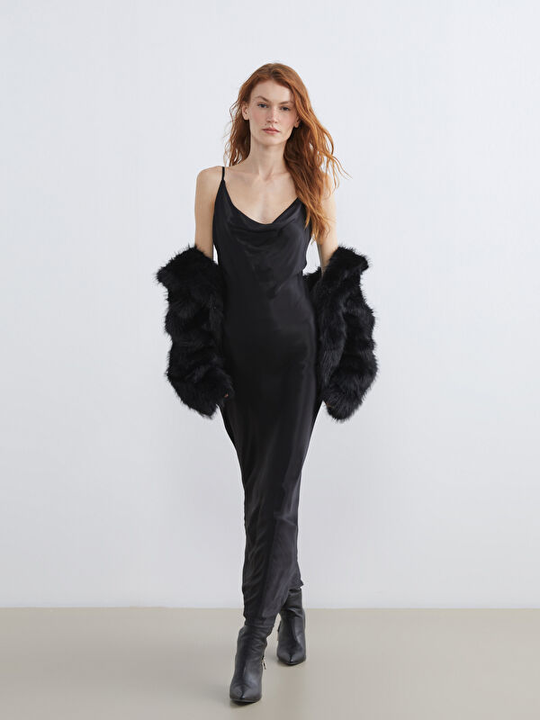 LCW Vision Drapiertes Satin-Trägerkleid mit V-Ausschnitt für Damen