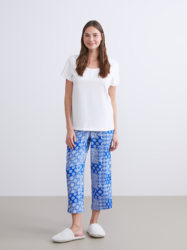 LCW DREAM Bisiklet Yaka Desenli Kadın Kaprili Pijama Takımı