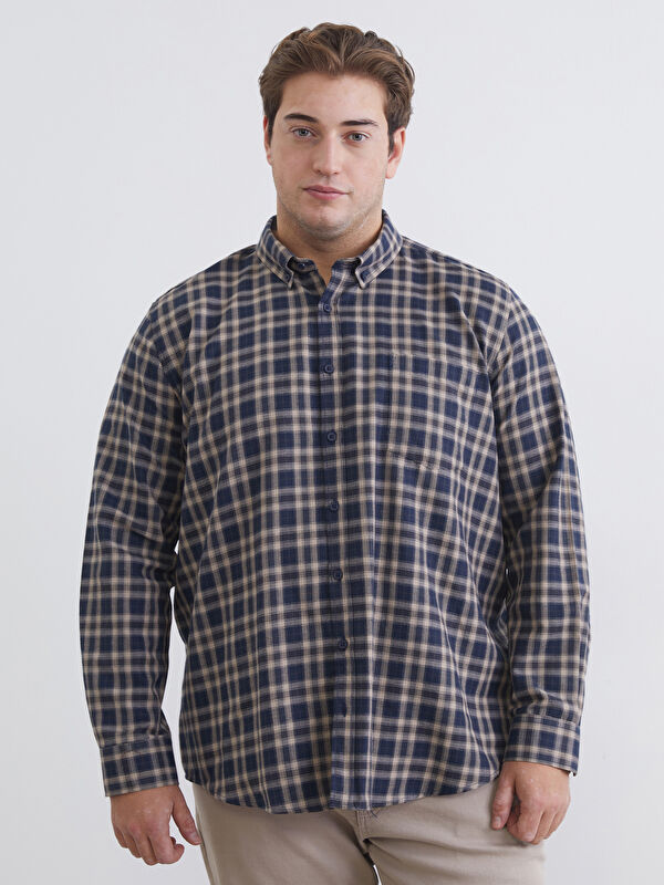 LCWAIKIKI Classic Büyük Beden Regular Fit Uzun Kollu Ekose Gabardin Erkek Gömlek