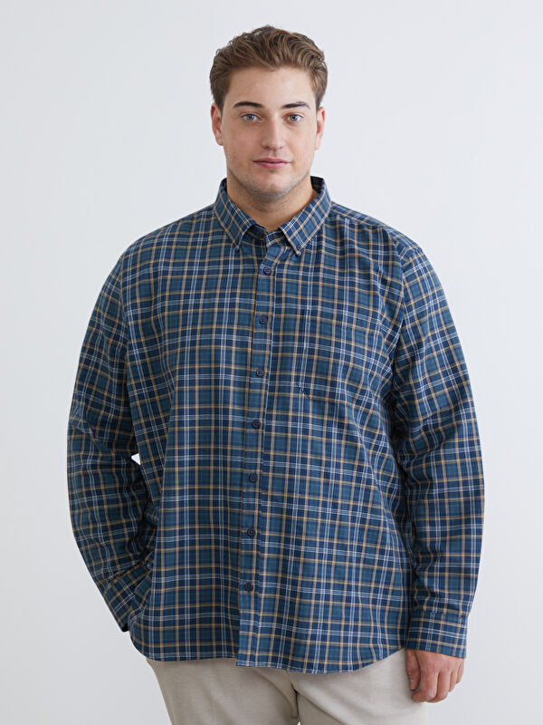 LCWAIKIKI Classic Büyük Beden Regular Fit Uzun Kollu Ekose Gabardin Erkek Gömlek