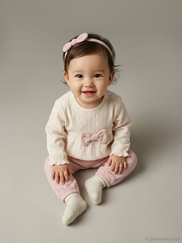 LCW baby Crew Neck Bow Detailed Baby Girls' Blouse and Trousers