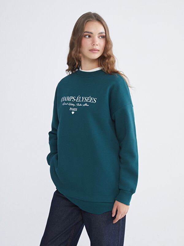 LCW Modest Paris Baskılı Kadın Kalın Sweatshirt Tunik