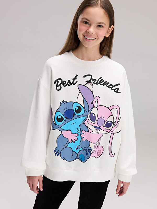 LCW Kids Stitch ve Angel Baskılı Kız Çocuk Kalın Sweatshirt