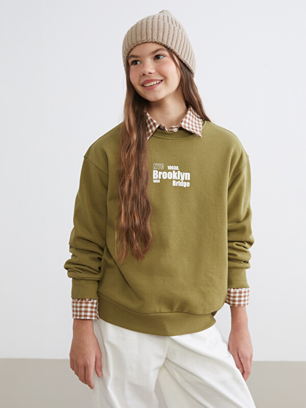 LCW Kids Bisiklet Yaka Baskılı Kız Çocuk Kalın Sweatshirt