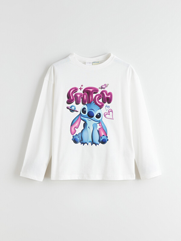 LCW Kids Bisiklet Yaka Stitch Baskılı Kız Çocuk Pijama Üst