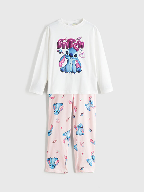 LCW Kids Bisiklet Yaka Stitch Baskılı Kız Çocuk Pijama Takımı