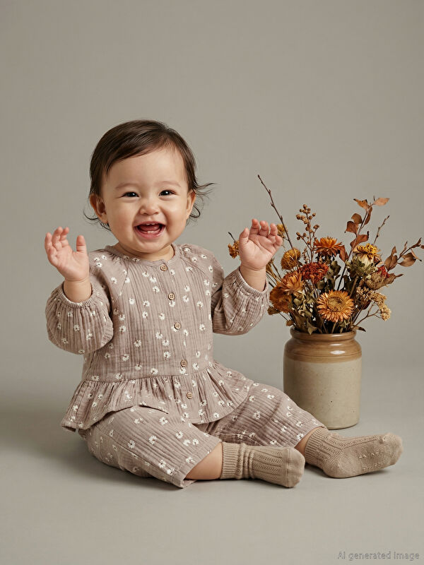 LCW baby Bisiklet Yaka Kız Bebek Müslin Gömlek ve Pantolon