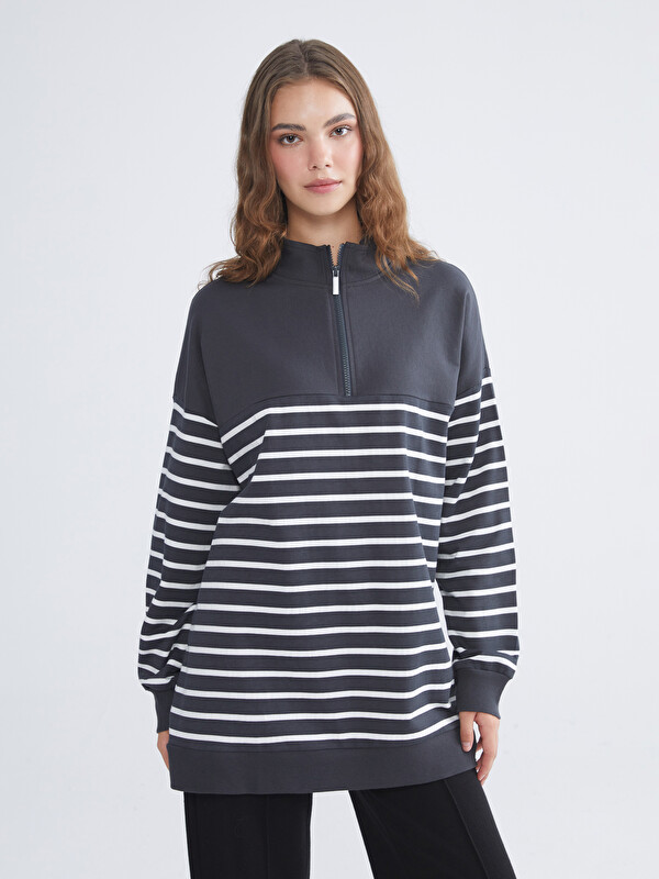 LCW Modest Büyük Beden Çizgili Kadın Sweatshirt Tunik
