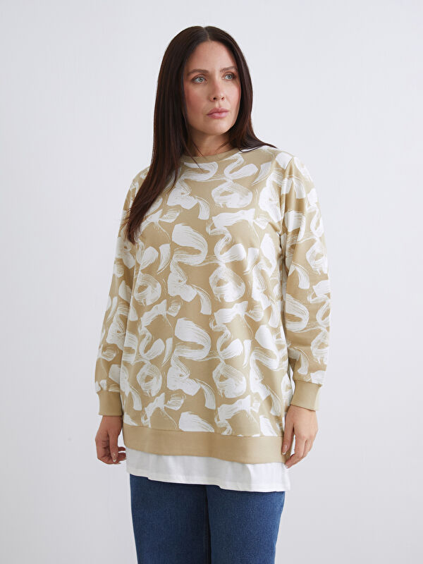 LCW Modest Bisiklet Yaka Desenli Kadın Sweatshirt Tunik