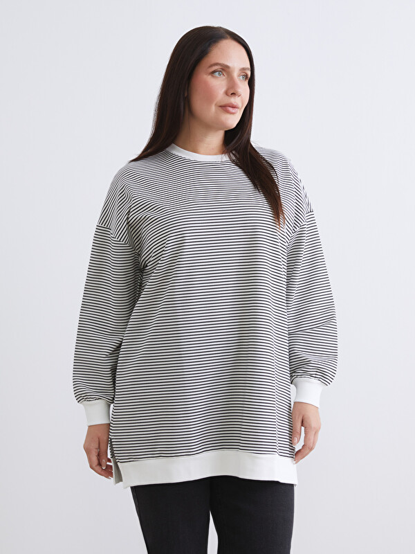 LCW Modest Büyük Beden Çizgili Kadın Sweatshirt Tunik