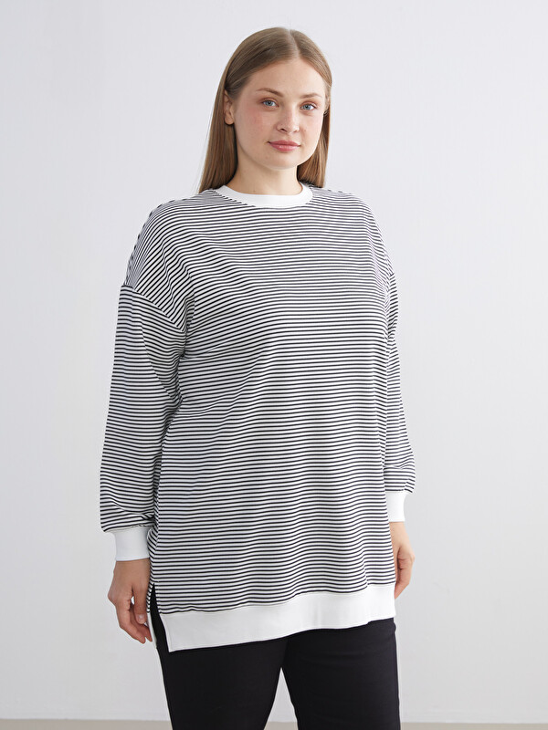 LCW Modest Büyük Beden Çizgili Kadın Sweatshirt Tunik