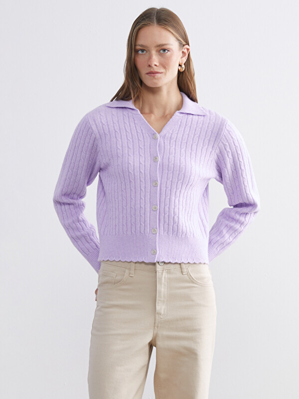 LCW Comfort Polo Neck Patterned Long Sleeve Women Knitwear Cardigan