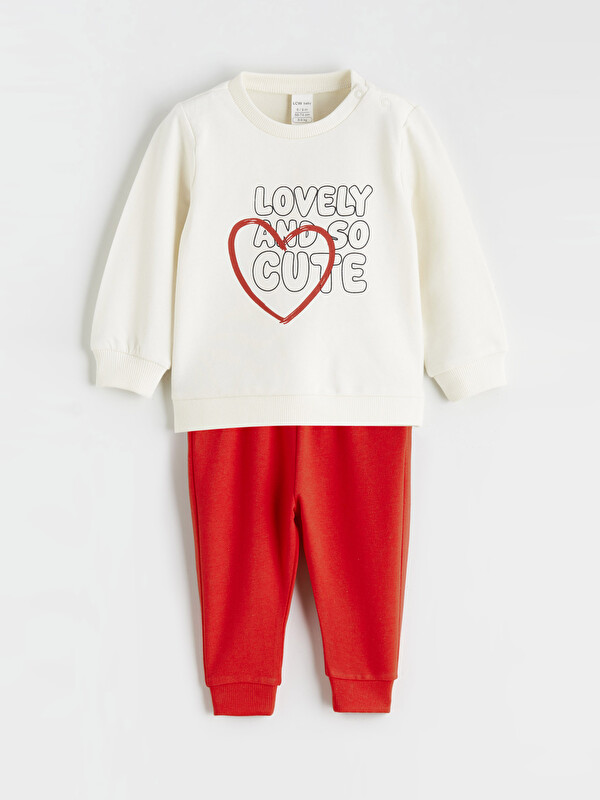 LCW baby Kalp Baskılı Kız Bebek Sweatshirt ve Eşofman Altı