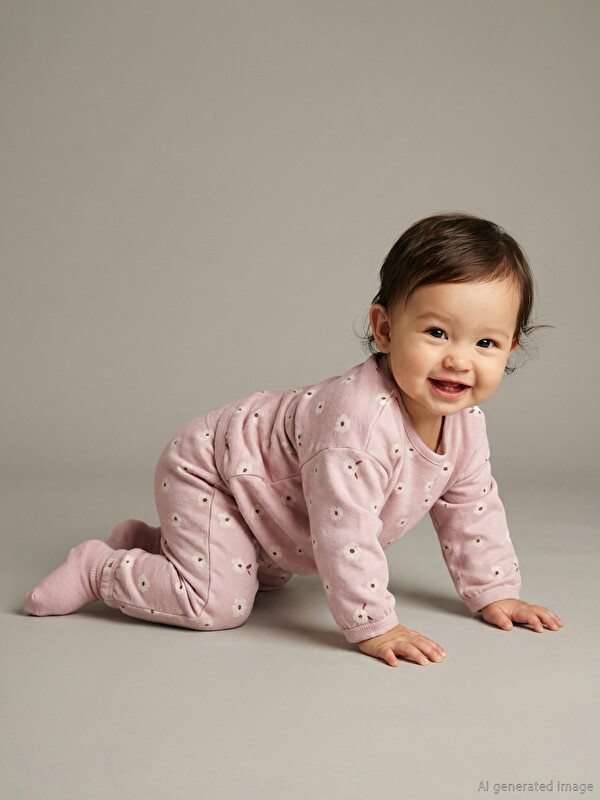 LCW baby Bisiklet Yaka Çiçekli Kız Bebek Pijama Takımı