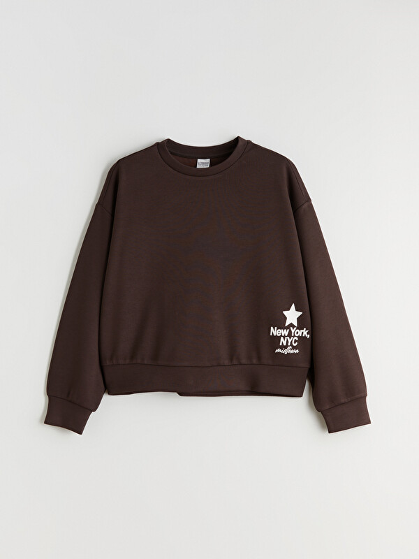 LCW Kids Bisiklet Yaka New York Baskılı Kız Çocuk Soft Touch Sweatshirt