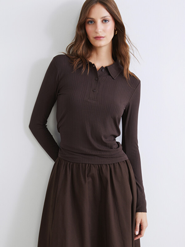 LCW Modest Polo Yaka Fitilli Kadın Tişört